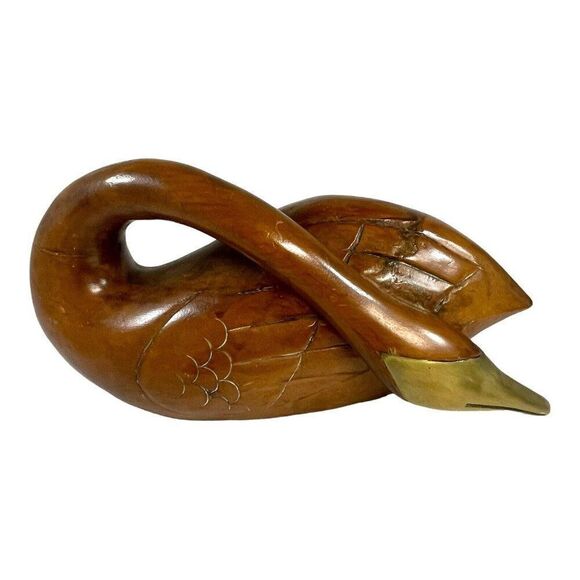 Large Vintage Midcentury Modern Wooden Swan Sculpture Goose Brass Beak 13” Wood - Picture 2 of 9